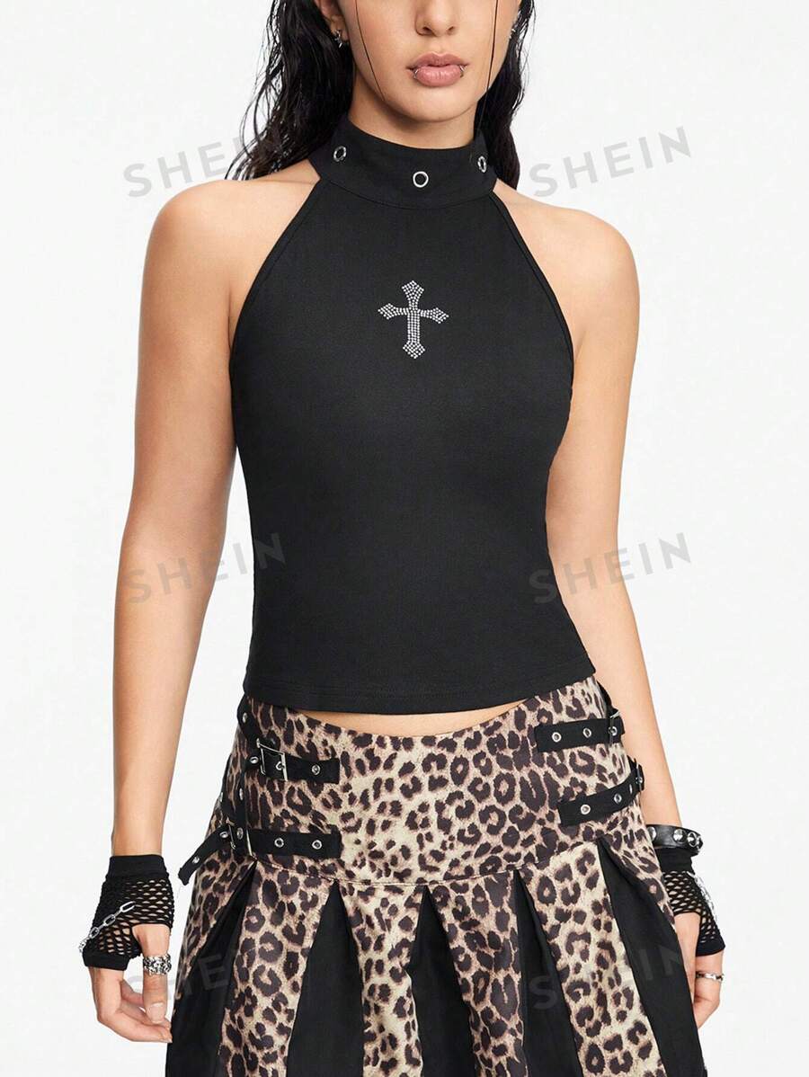 ROMWE Grunge Punk Chaleco de mujer tejido sin mangas estilo punk, sexy y con diseño unicolor de cuello alto y cruz oscuros con incrustaciones de rhinestone