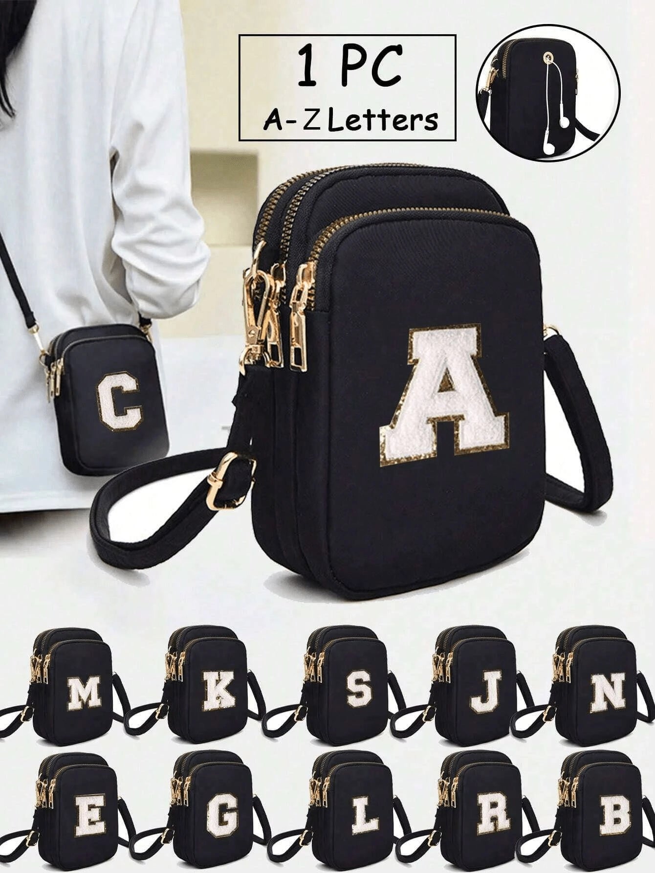 1 pieza Bolso de viaje de moda informal con correa cruzada y bolsa de tela para teléfono móvil y cartera vertical para niña. Regalos para el regreso a la escuela. (La posición de las letras no está fija)