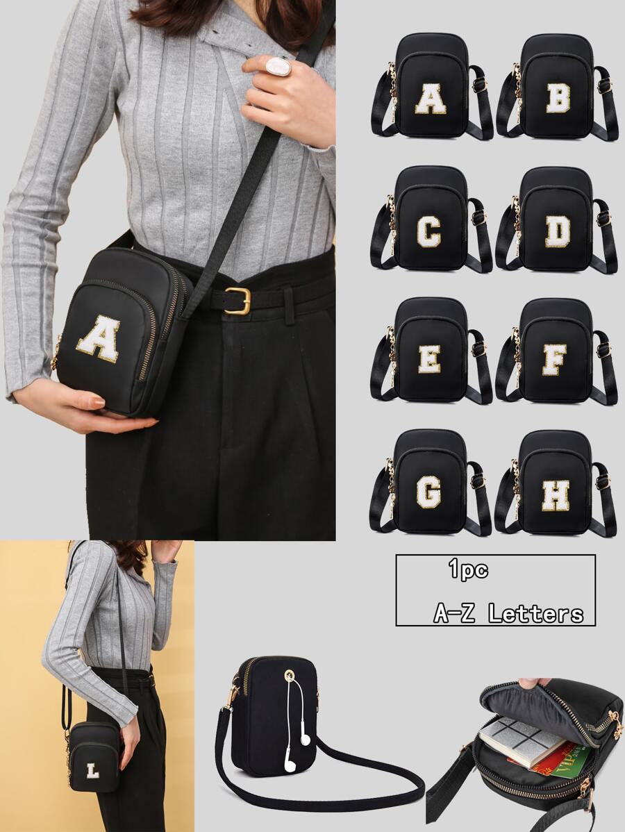 1 pieza Bolso de viaje de moda informal con correa cruzada y bolsa de tela para teléfono móvil y cartera vertical para niña. Regalos para el regreso a la escuela. (La posición de las letras no está fija)