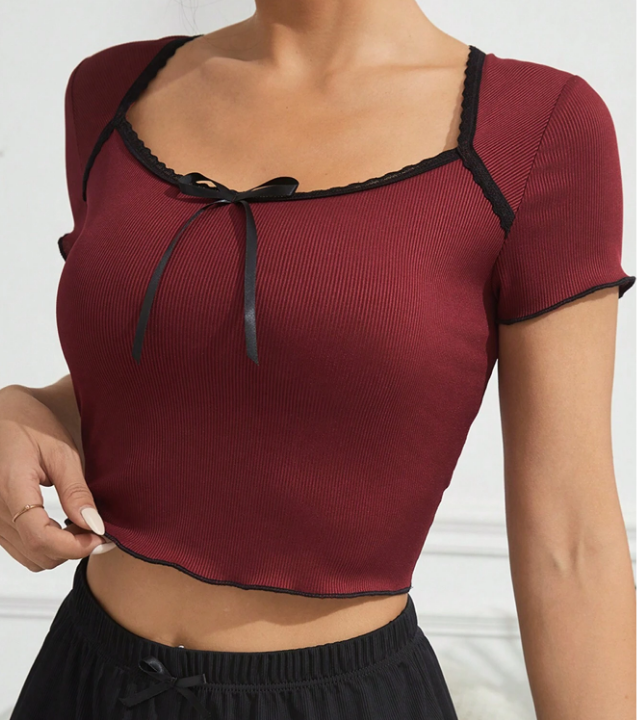 Top De Ropa De Hogar Para Mujer Con Ribete De Encaje