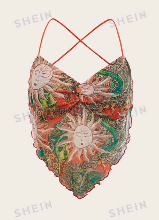 SHEIN ICON Top de tirantes con estampado de paisley & dibujos animados con tira cruzada de espalda abierta bajo pañuelo de malla