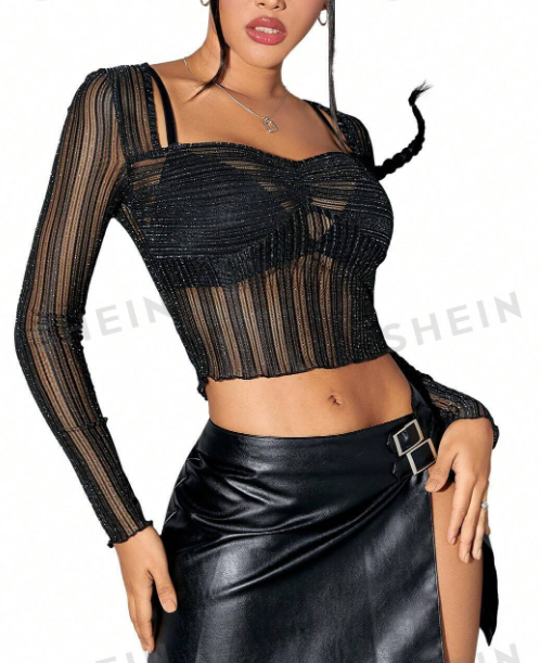 SHEIN ICON Top ribete en forma de lechuga corto brillante de malla sin sujetador