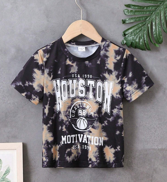 SHEIN Camiseta De Manga Corta Casual Con Estampado De Teñido Anudado Para Jóvenes Con Impresión Del Nombre De La Ciudad Para El Verano