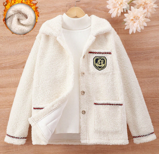 SHEIN Abrigo De Felpa Para Niñas Con Diseño De Bordado Casual Y Cuello Vuelto
