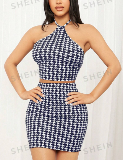 SHEIN SXY Conjunto De Falda Y Chaleco De Cuello Halter Para Mujer Con Estampado De Cuadros En Vichy