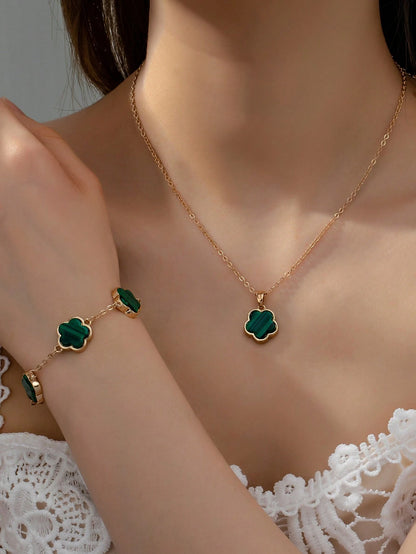 1 Conjunto De Collar De Dije Con Trébol De La Suerte Del Estilo De La Playa Y Pulsera Encantadores Y Modernos, Joyería Bohemia, Perfecto Regalo Del Día De La Madre Para Uso Diario Para Mujeres