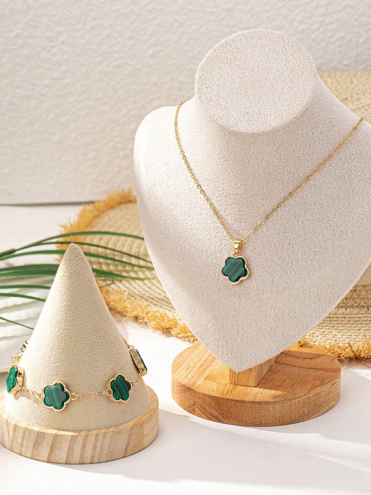 1 Conjunto De Collar De Dije Con Trébol De La Suerte Del Estilo De La Playa Y Pulsera Encantadores Y Modernos, Joyería Bohemia, Perfecto Regalo Del Día De La Madre Para Uso Diario Para Mujeres