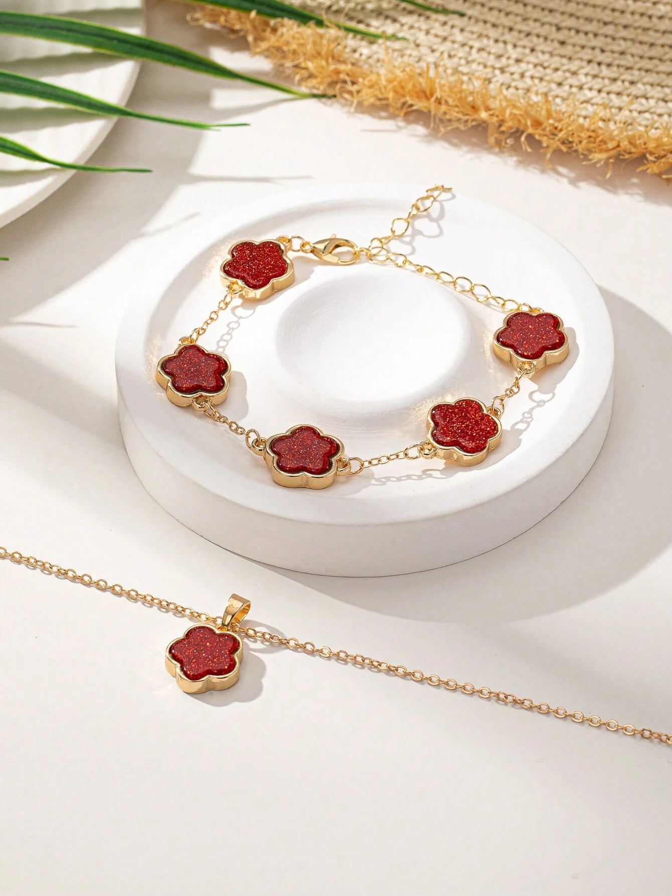 1 Conjunto De Collar De Dije Con Trébol De La Suerte Del Estilo De La Playa Y Pulsera Encantadores Y Modernos, Joyería Bohemia, Perfecto Regalo Del Día De La Madre Para Uso Diario Para Mujeres