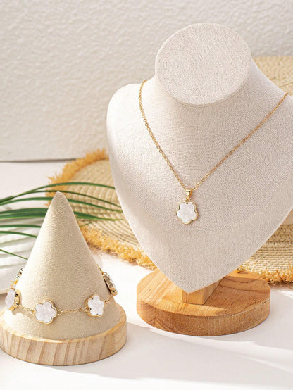 1 Conjunto De Collar De Dije Con Trébol De La Suerte Del Estilo De La Playa Y Pulsera Encantadores Y Modernos, Joyería Bohemia, Perfecto Regalo Del Día De La Madre Para Uso Diario Para Mujeres