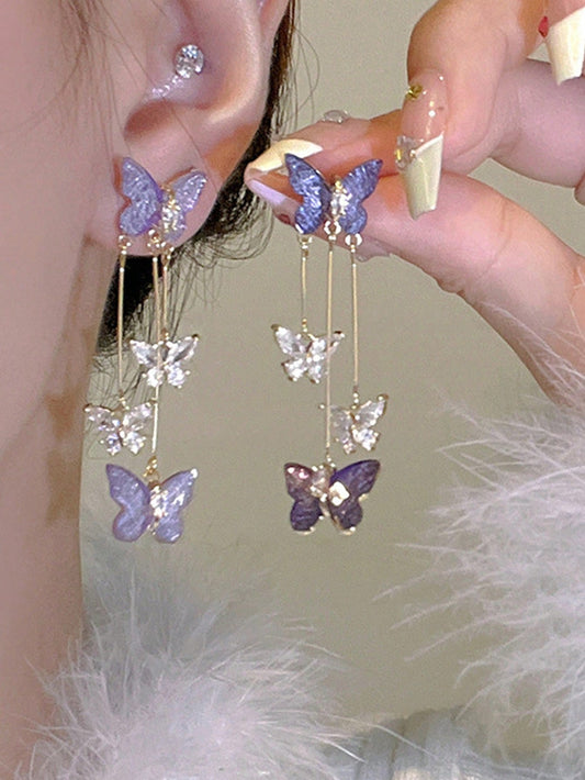 1 Par De Aretes Largos Con Borlas Y Diseño De Mariposa Morada De Calidad Súper Hada, Accesorio Diario