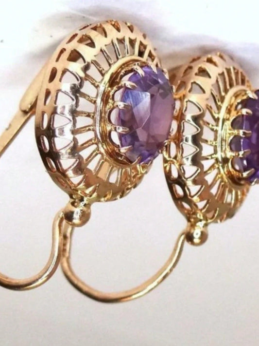1 Par De Pendientes De Cristal Morado Vintage Con Incrustaciones De Piedra De Cz Y Color Dorado Para Mujeres, Pendientes Con Caída Para Bodas Y Regalos De Joyería Femenina
