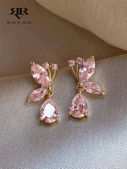 1 Par De Pendientes De Moda Personalizados Rosa Con Lágrima Y Mariposa Colgante Para Mujeres