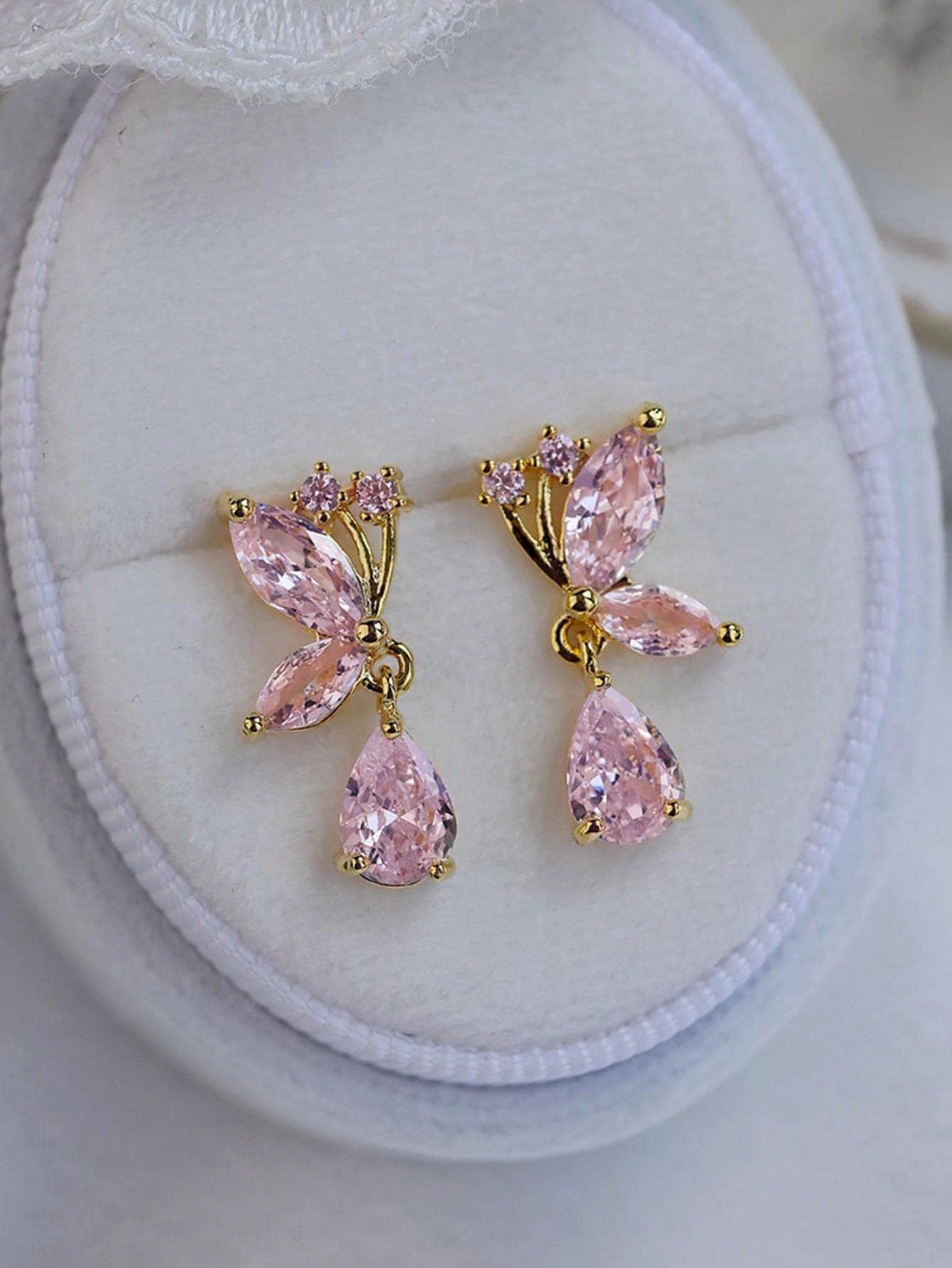 1 Par De Pendientes De Moda Personalizados Rosa Con Lágrima Y Mariposa Colgante Para Mujeres