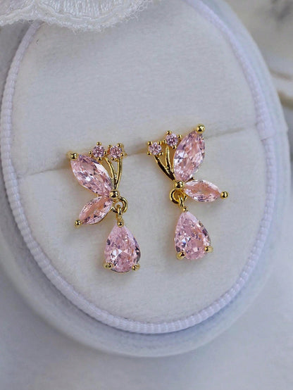 1 Par De Pendientes De Moda Personalizados Rosa Con Lágrima Y Mariposa Colgante Para Mujeres