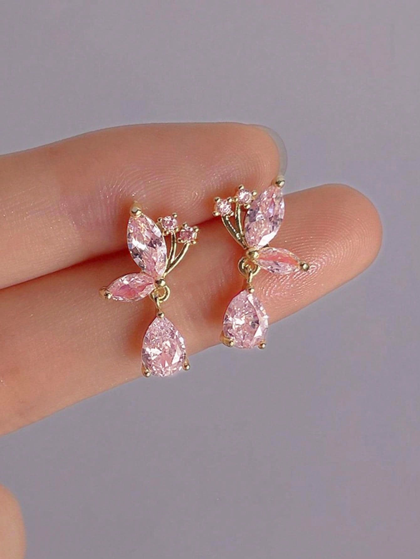 1 Par De Pendientes De Moda Personalizados Rosa Con Lágrima Y Mariposa Colgante Para Mujeres