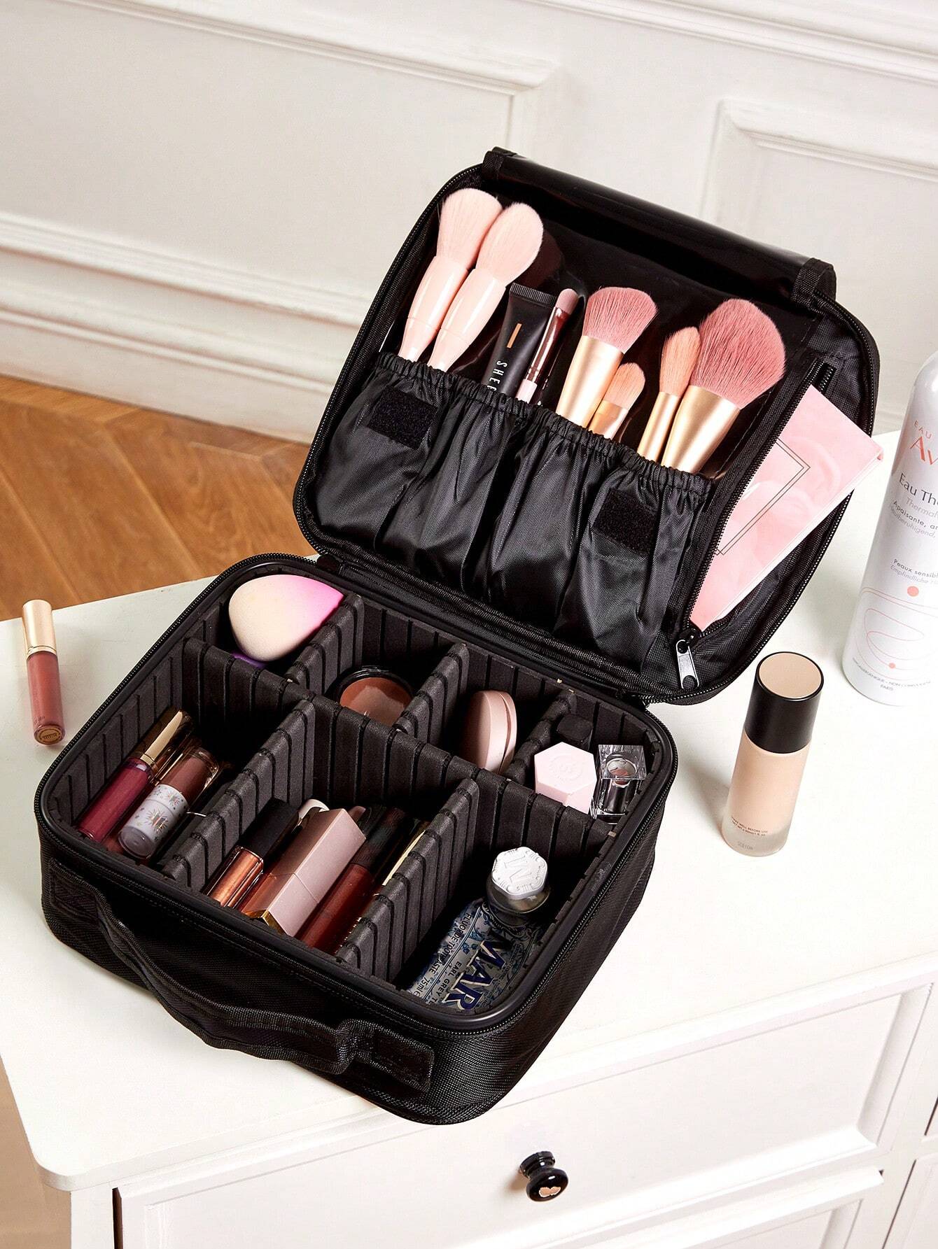 1 Pieza Bolso de maquillaje de viaje multifuncional de gran capacidad color negro clasificado para mujeres y niñas, neceser de maquillaje, bolsa de cuidado de la piel, neceser de artículos de tocador