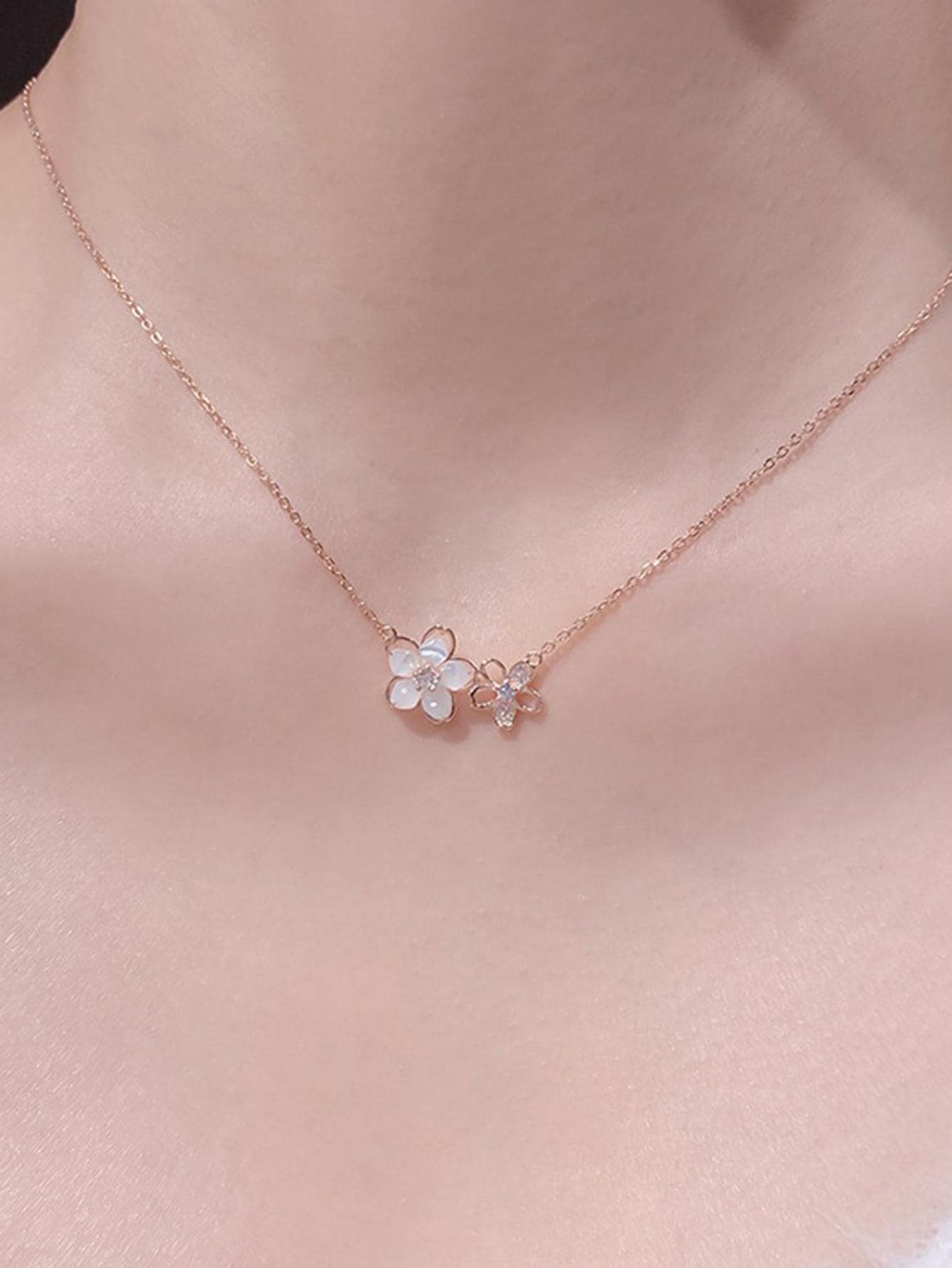 1 Pieza Collar De Acero Inoxidable Dulce Con Flores De Cerezo Y Perlas Blancas Falsas Para Mujeres