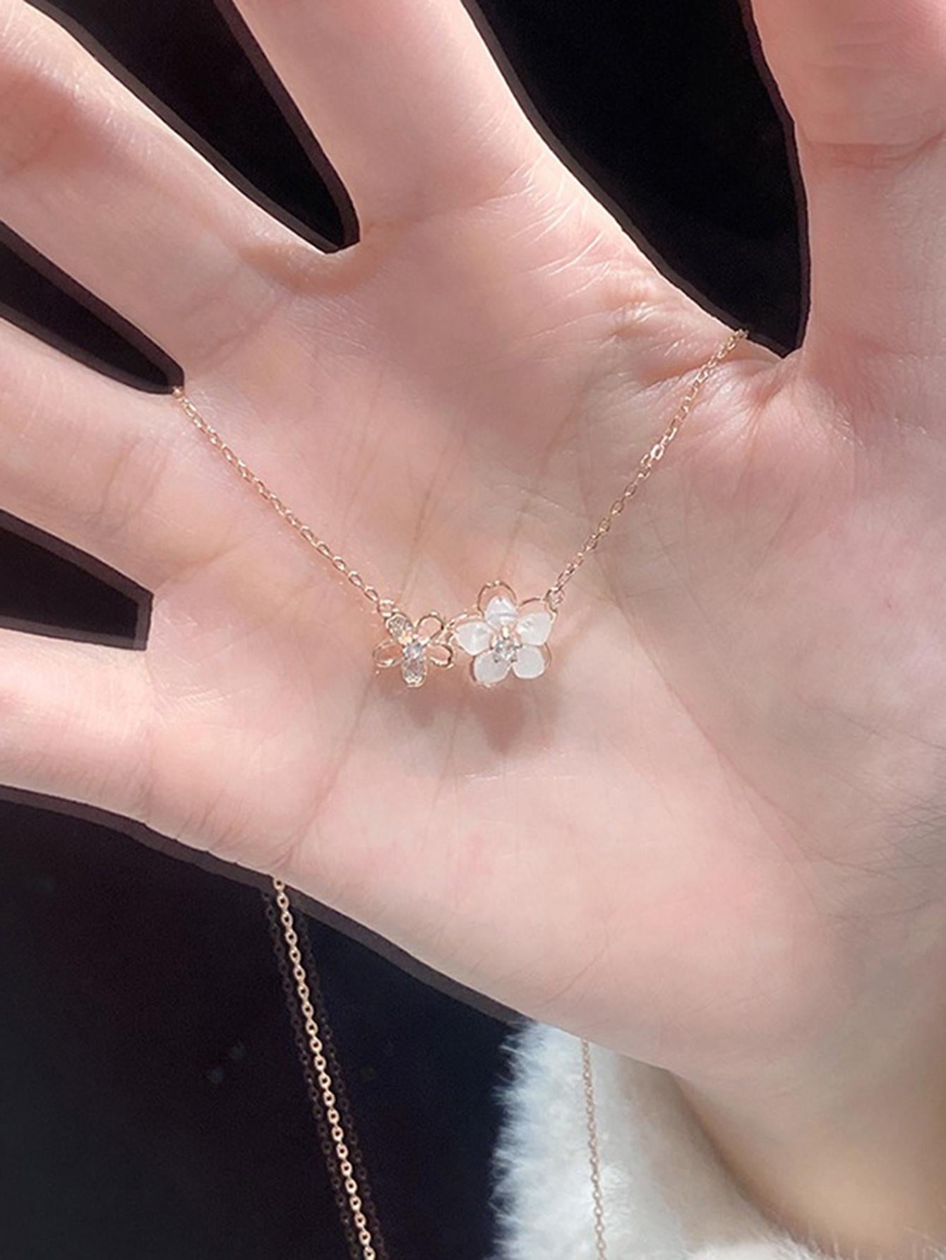 1 Pieza Collar De Acero Inoxidable Dulce Con Flores De Cerezo Y Perlas Blancas Falsas Para Mujeres