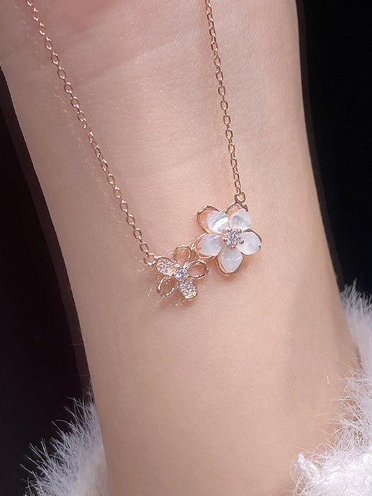 1 Pieza Collar De Acero Inoxidable Dulce Con Flores De Cerezo Y Perlas Blancas Falsas Para Mujeres