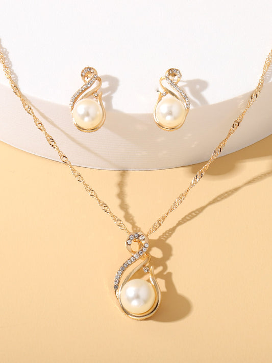 1 Pieza Encantador Collar Con Colgante Con Forma De Gota De Agua Con Rhinestone Y Perlas Falsas Y 1 Par De Aretes, Regalo De Cumpleaños/festival Para Mujeres