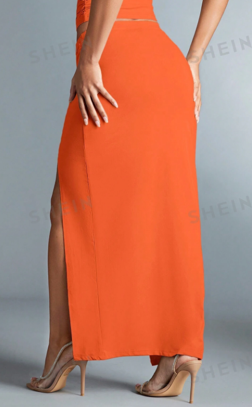 SHEIN BAE Falda De Nudo Retorcido Y Abertura En Las Piernas Alta De Mujer, Lisa