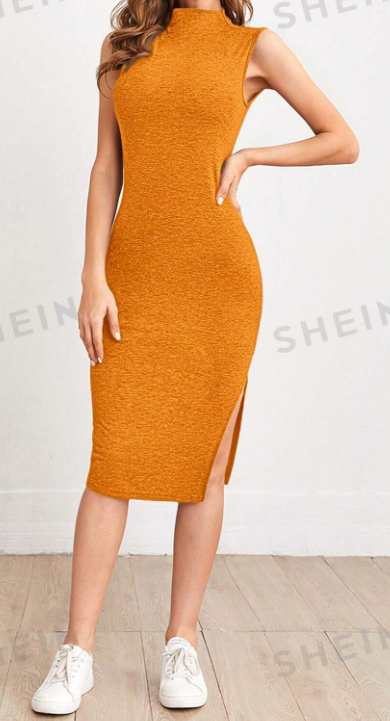 SHEIN Essnce Vestido Entallado Para Mujer En Color Sólido Con Cuello Pequeño Tipo Soporte Y Aberturas En El Bajo