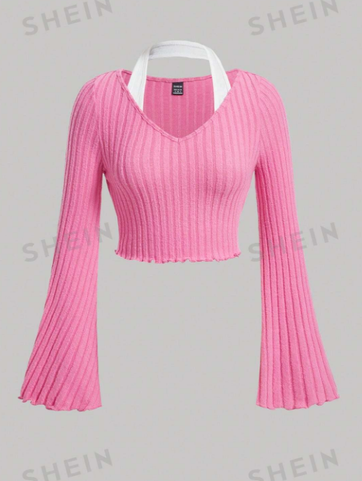 SHEIN MOD Camiseta crop de dos tonos ribete en forma de lechuga