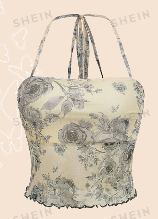 SHEIN ICON Top halter con estampado floral ribete en forma de lechuga de espalda abierta con cordón