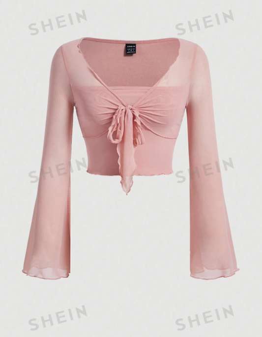 SHEIN MOD Camiseta Con Mangas Acampanadas Y Parte Delantera Anudada