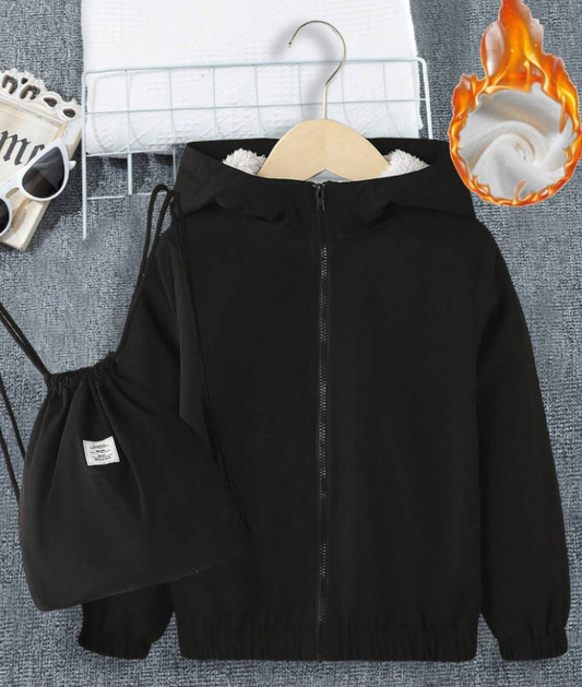 SHEIN Chico joven Cazadora con cremallera con forro teddy con capucha con bolso