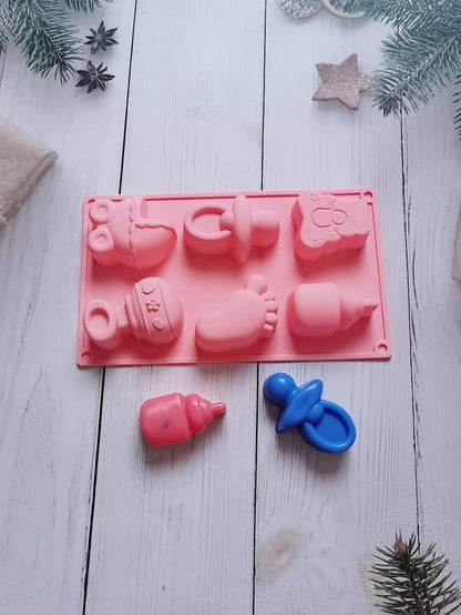 1 molde de silicona para jabón con temática de baby shower, botella de leche 3D y huella de coche, molde para fondant, decoración de pasteles, herramientas para hornear para chocolate, azúcar, dulces, decoración de magdalenas, arcilla polimérica.