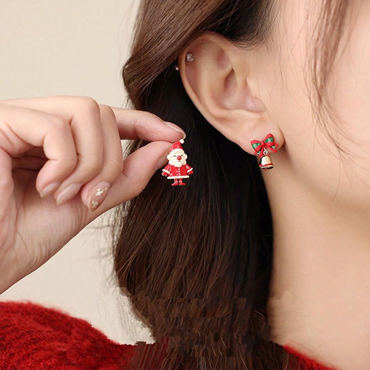 1 par (2 piezas) de pendientes con diseño asimétrico de campana de Papá Noel, accesorios de pendientes con temática navideña para mujeres, regalo de Navidad