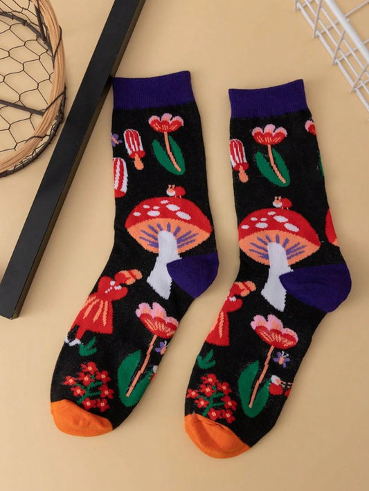 1 par de calcetines de mujer con patrón de hongos elegante, suaves y cómodos, para uso diario de media altura