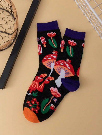 1 par de calcetines de mujer con patrón de hongos elegante, suaves y cómodos, para uso diario de media altura