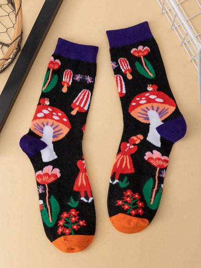 1 par de calcetines de mujer con patrón de hongos elegante, suaves y cómodos, para uso diario de media altura