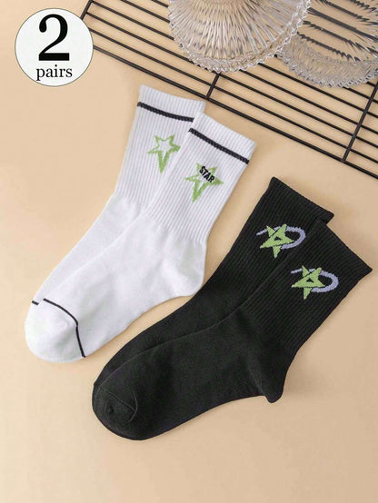 2 pares de calcetines tipo cuello de tripulación unisex cómodos y suaves con estrellas grandes, elegantes y versátiles para uso diario, nuevos llegados de primavera/otoño