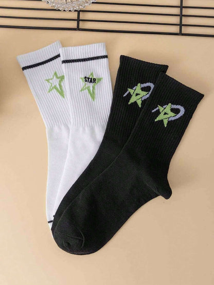 2 pares de calcetines tipo cuello de tripulación unisex cómodos y suaves con estrellas grandes, elegantes y versátiles para uso diario, nuevos llegados de primavera/otoño