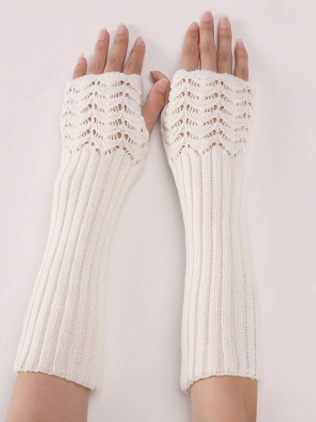 1 par de mangas sin dedos de unicolor con diseño de escamas de peces tejidas para mujer, calentadores de brazos tejidos de longitud media para otoño/invierno