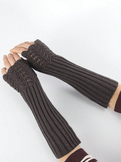 1 par de mangas sin dedos de unicolor con diseño de escamas de peces tejidas para mujer, calentadores de brazos tejidos de longitud media para otoño/invierno