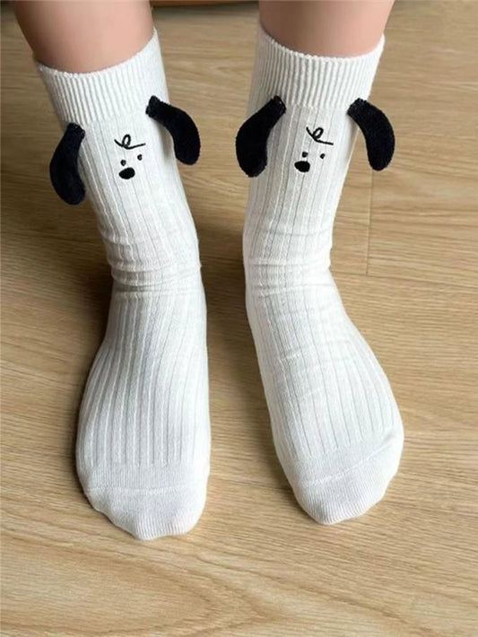 1 par dulce de mujeres blanco Calcetines hasta mitad de pantorrilla con 3d perro orejas , cuatro de moda Calcetines deportivos