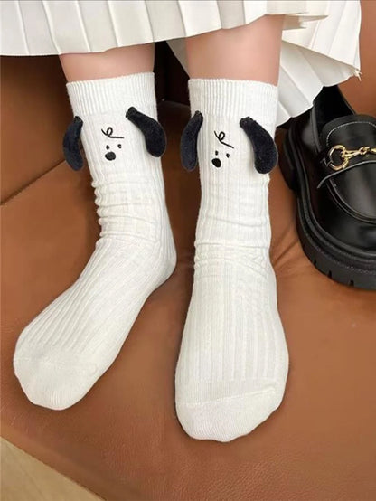 1 par dulce de mujeres blanco Calcetines hasta mitad de pantorrilla con 3d perro orejas , cuatro de moda Calcetines deportivos