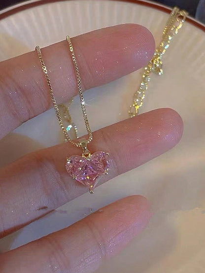 1 pieza/2 piezas Collar con colgante de corazón decorado con cristal, accesorio de joyería elegante y de moda adecuado para mujeres y niñas, regalo ideal