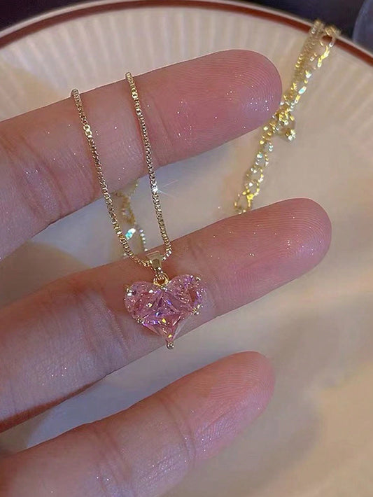 1 pieza/2 piezas Collar con colgante de corazón decorado con cristal, accesorio de joyería elegante y de moda adecuado para mujeres y niñas, regalo ideal