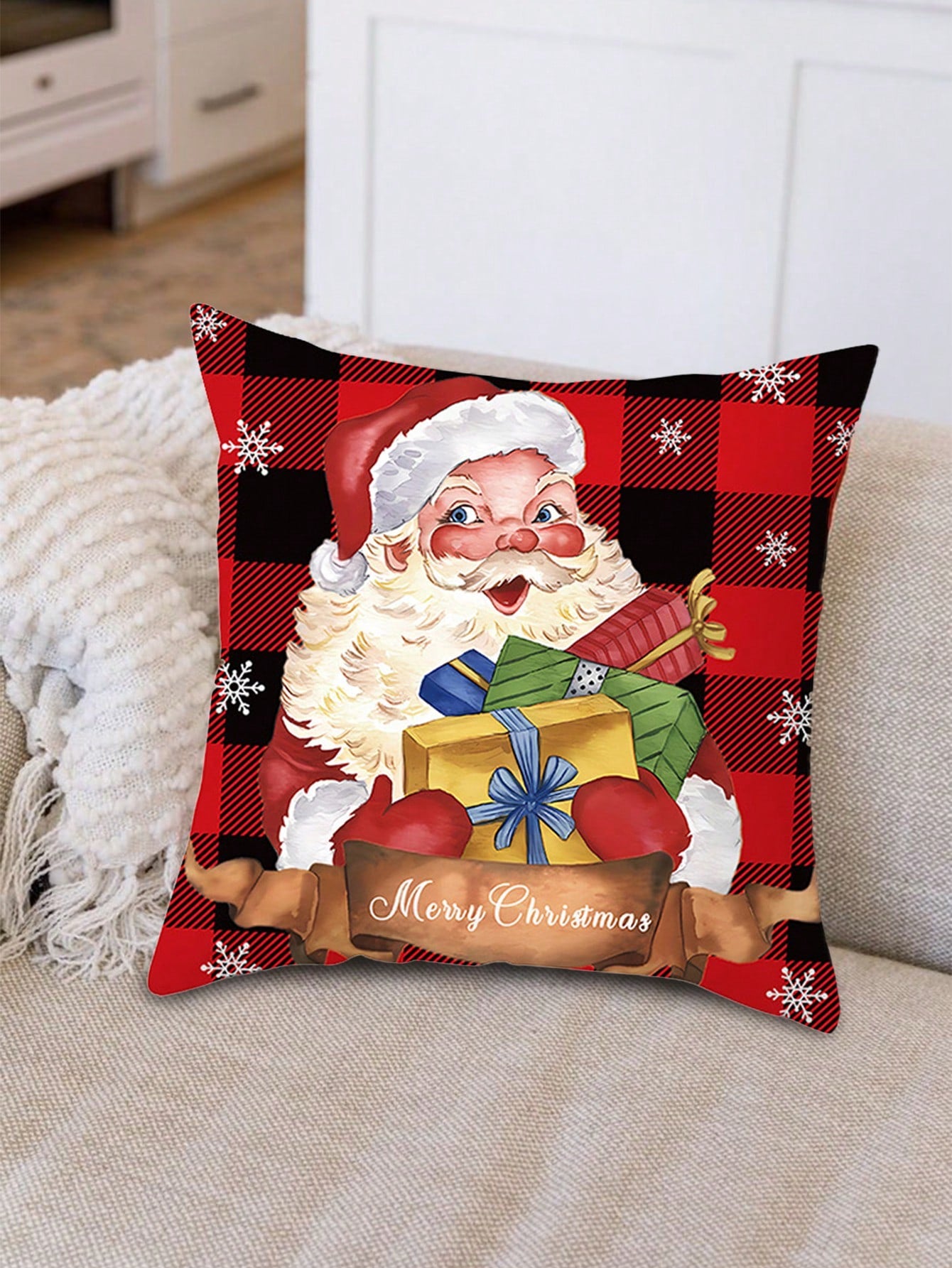 1 pieza 45*45cm Funda de cojín cuadrada de peluche de poliéster con decoración navideña de oso, Papá Noel y gato, serie navideña de fundas de almohada suaves para fiestas de Navidad, invierno, hogar, dormitorio