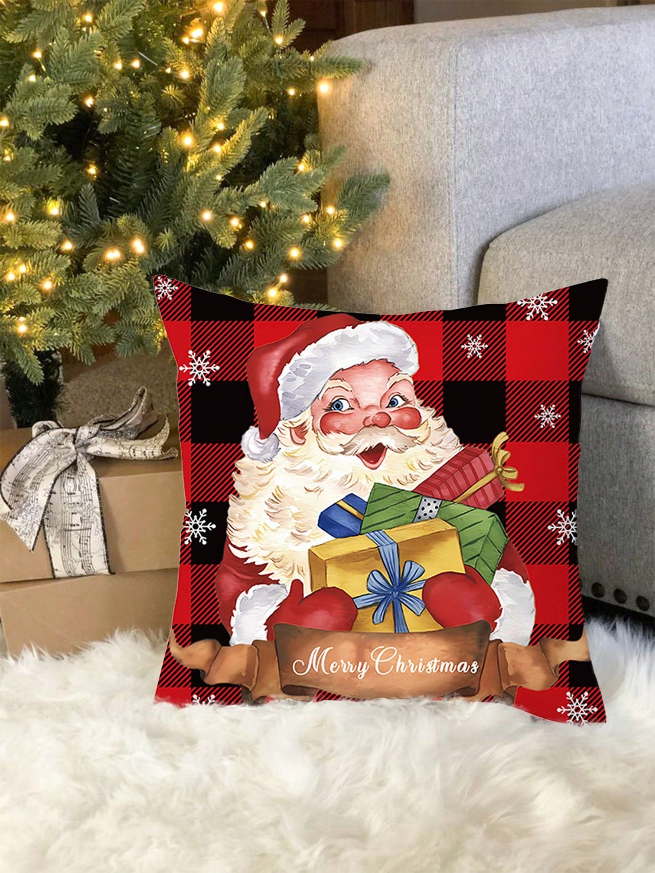 1 pieza 45*45cm Funda de cojín cuadrada de peluche de poliéster con decoración navideña de oso, Papá Noel y gato, serie navideña de fundas de almohada suaves para fiestas de Navidad, invierno, hogar, dormitorio