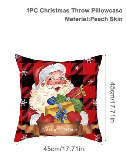 1 pieza 45*45cm Funda de cojín cuadrada de peluche de poliéster con decoración navideña de oso, Papá Noel y gato, serie navideña de fundas de almohada suaves para fiestas de Navidad, invierno, hogar, dormitorio