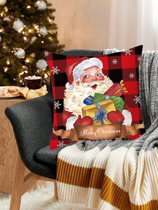 1 pieza 45*45cm Funda de cojín cuadrada de peluche de poliéster con decoración navideña de oso, Papá Noel y gato, serie navideña de fundas de almohada suaves para fiestas de Navidad, invierno, hogar, dormitorio