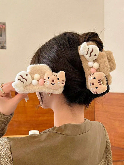 1 pieza Accesorio de pelo tipo pinza con gato de dibujos animados lindo y pez pequeño esponjoso, accesorios de pelo para mujer de otoño/invierno