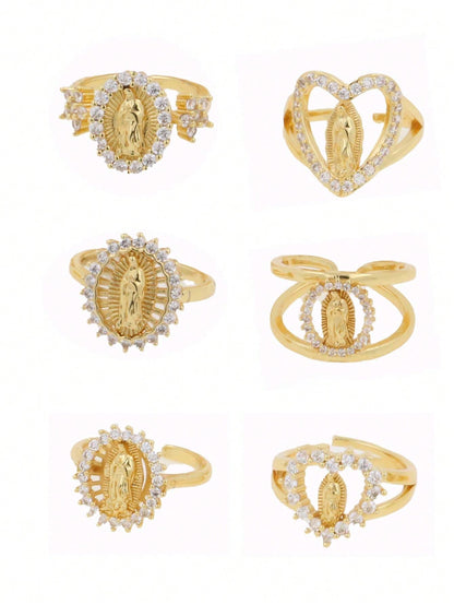 1 pieza Anillo ajustable para mujeres y hombres con retrato de la Virgen María, chapado en cobre con oro de 18 K e incrustado con circonia, de moda y sencillo, adecuado para el uso diario