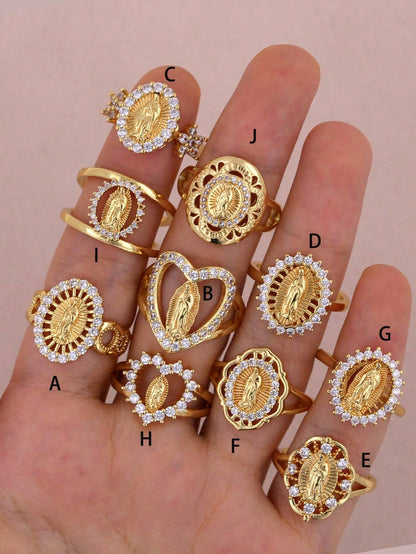 1 pieza Anillo ajustable para mujeres y hombres con retrato de la Virgen María, chapado en cobre con oro de 18 K e incrustado con circonia, de moda y sencillo, adecuado para el uso diario